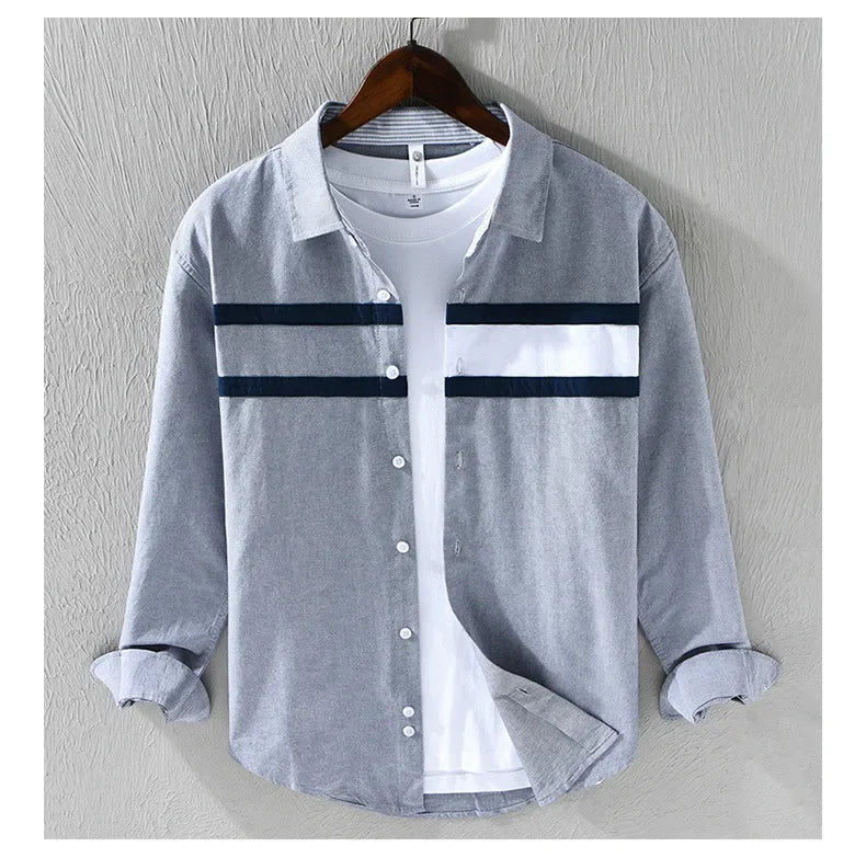 Japanese Fashion Mens Long Sleeve Shirts Spring Summer Daily Casual Pure Cotton Shirt Oxford Striped Patchwork Shirt Youth Tops