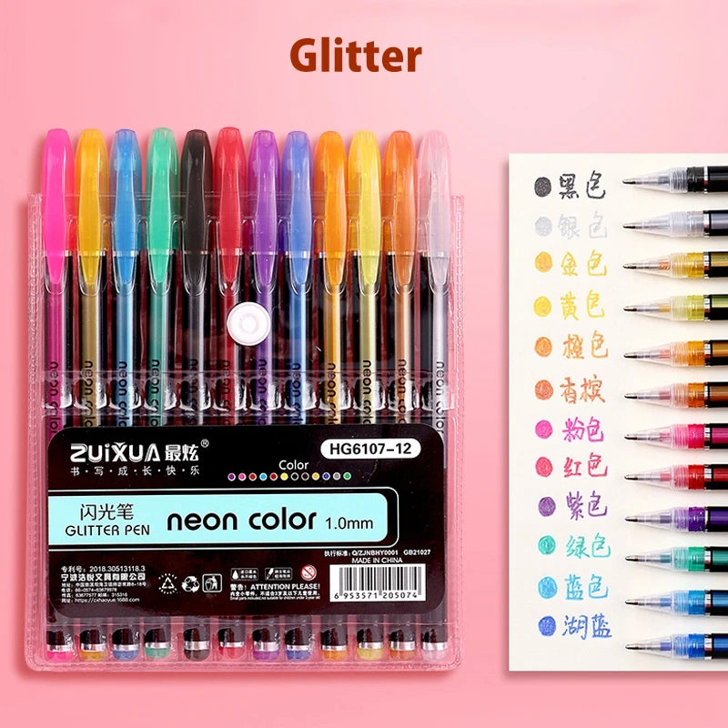 12/24Pcs Metallic Glitter Colors Gel Pens & Pen Refills For School Office Adult Coloring Book Journals Drawing Art Markers