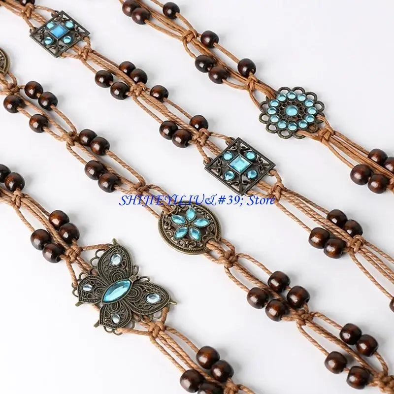 E21F Brown Belt with Beads Butterflies Vintage Tassel Cotton Rope Waist Chain Woven Waist Belts for Dress Party Dance Show