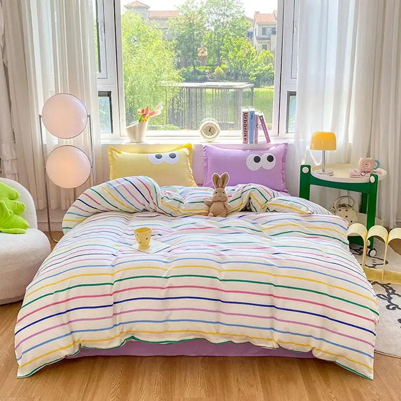 New Cartoon Striped Printed Bedding Sets Aloe Cotton Skin Friendly Breathable Comforter Cover Set Twin Double Size Bed Linens