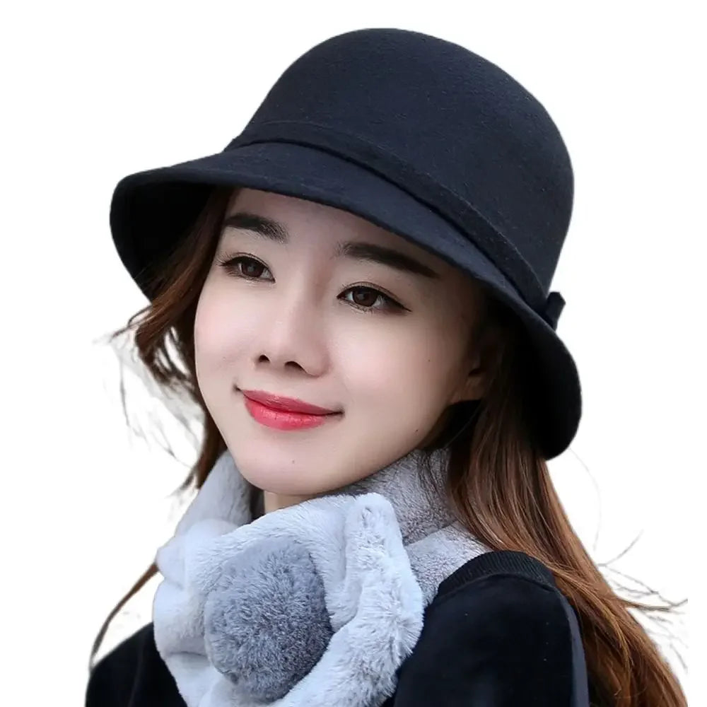 Brim Bowler Fedora Hats Elegant Women Vintage Retro Hat Wool Felt Bucket Cap Church Bowler Cloche Hats Autumn Winter Warm Hat