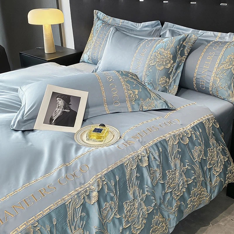 European Bedding Set High-end Luxury Cotton Four-piece Set Cotton Embroidery Quilt Cover Sheets Hats Senior Sense Bedding