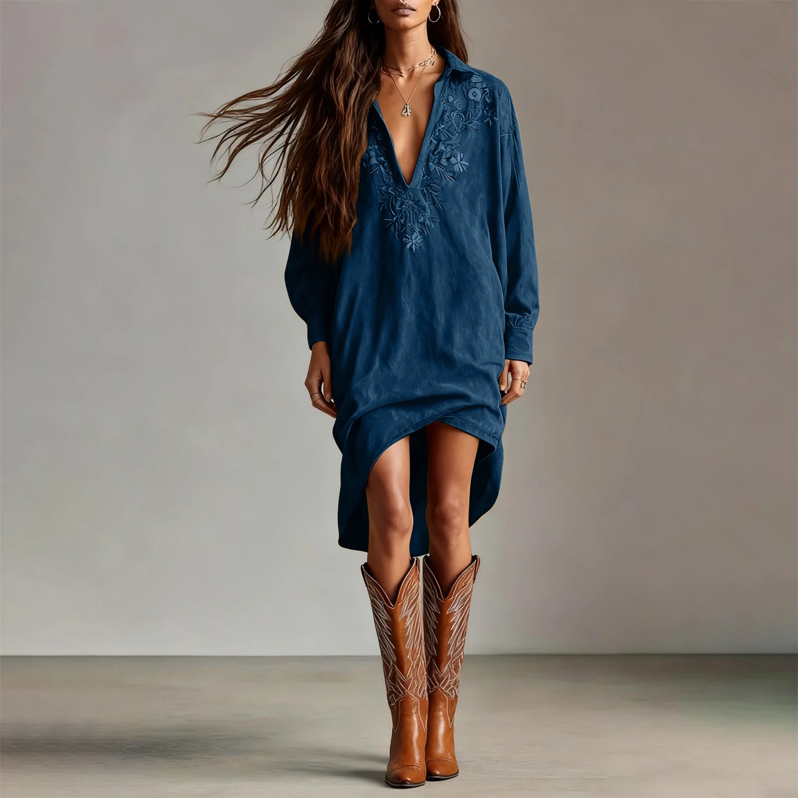 Dresses Womens Shirt Dress Terracotta Suede Embroidered High-Low Puff-Sleeve Bohemian Stylish Outfit Daily 2026 Trendy Vestido