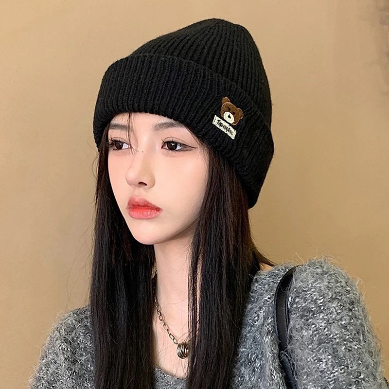 Bear Embroidery Knitted Beanies  Women Autumn Winter Warm Wool Hat Korean Girl Windproof Earmuffs Pullover Cap Bonnet〔CC55〕