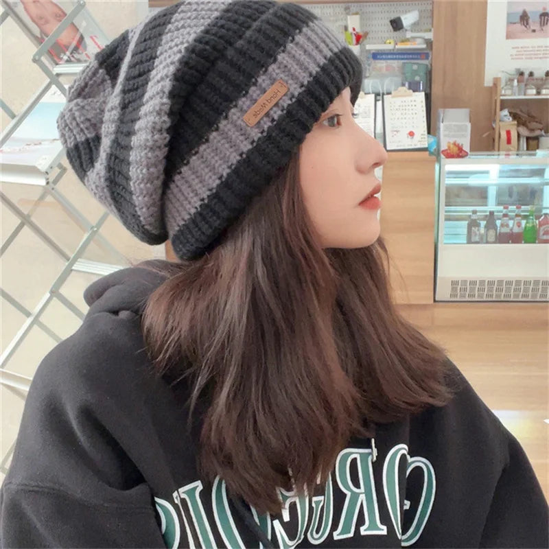 Winter Warm Hats For Women Casual Stacking Knitted Bonnet Caps Men Hats Stripe Hip Hop Unisex Female Beanies