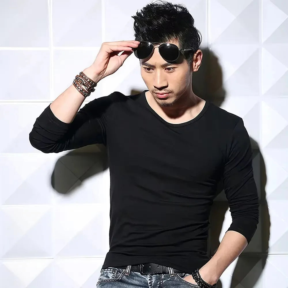 Men's T-Shirts Long Sleeve V Neck T Shirt 2025 MRMT Men Polyester T-Shirt Solid Color Slim Tight Man T Shirt For Male