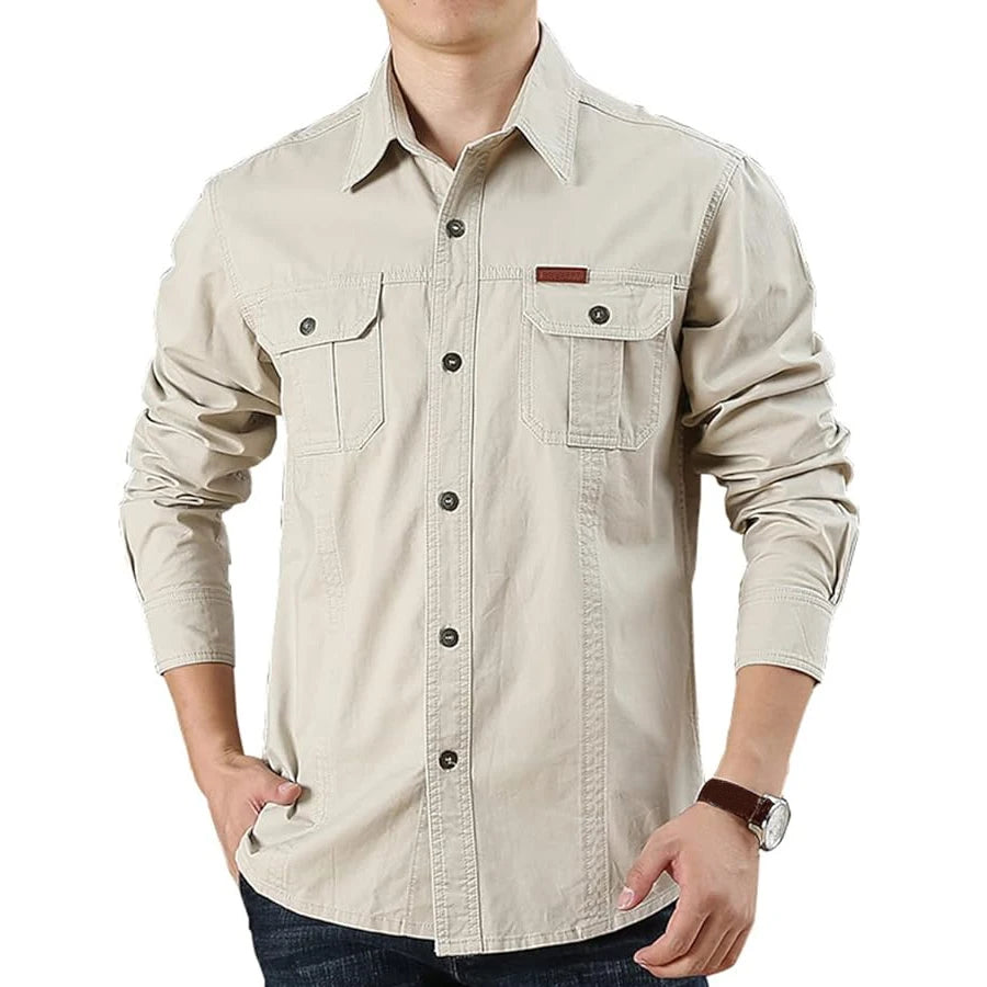 Men's Long Sleeve Cargo Shirt Casual Cotton Shirts Spring Autumn Button Down Pockets Sports Military Hiking Camping Shirt