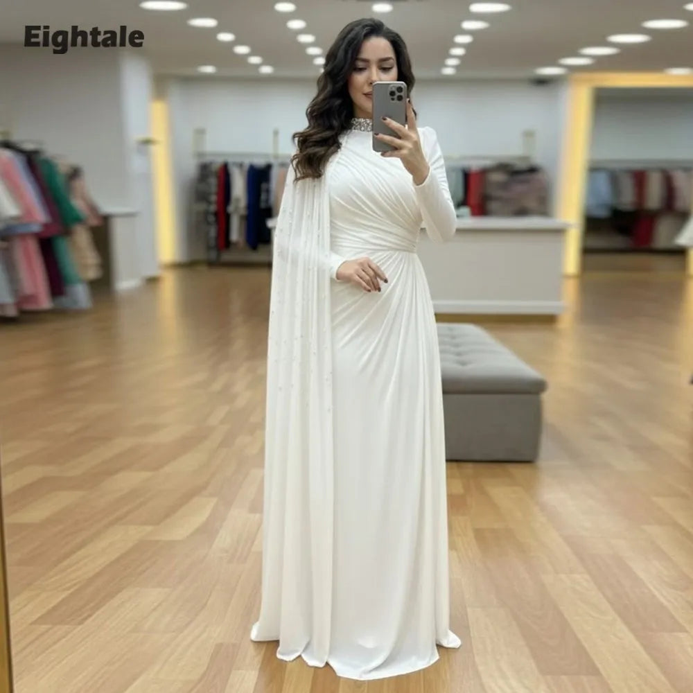 Eightale Arabic Evening Dresses for Wedding Party High Neck Customized Chiffon Pleats Beaded Long Sleeves Muslim Prom Gownsc
