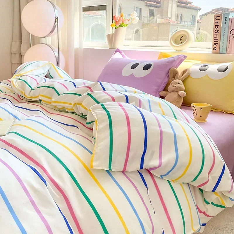 New Cartoon Striped Printed Bedding Sets Aloe Cotton Skin Friendly Breathable Comforter Cover Set Twin Double Size Bed Linens