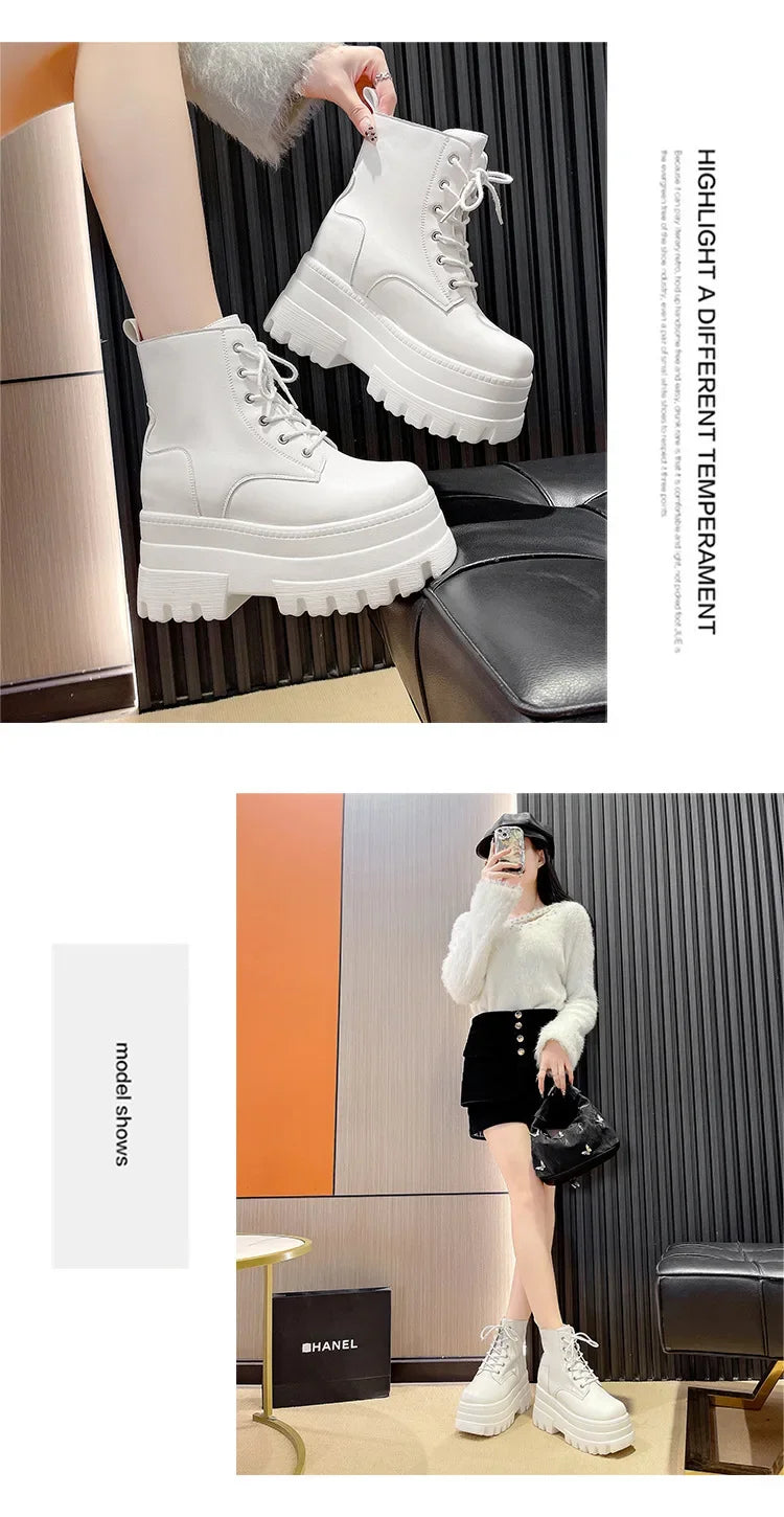 2025 Short Boots for Women Thick Bottom Casual Black White Ankle Boots Spring Autumn Platform Women Shoe 12cm High Heels Botines