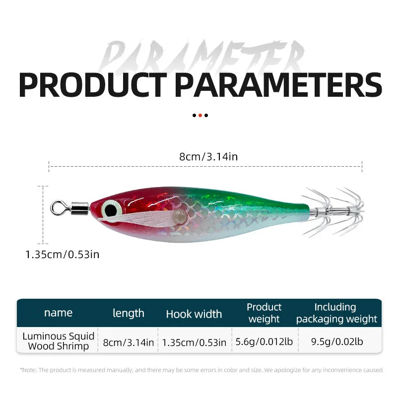 9pcs/page Glow Squid Jig Hook Saltwater Fishing Bait Artificial Egg Wood Shrimp Lures Sea Fishing Octopus Cuttlefish Squid Lure