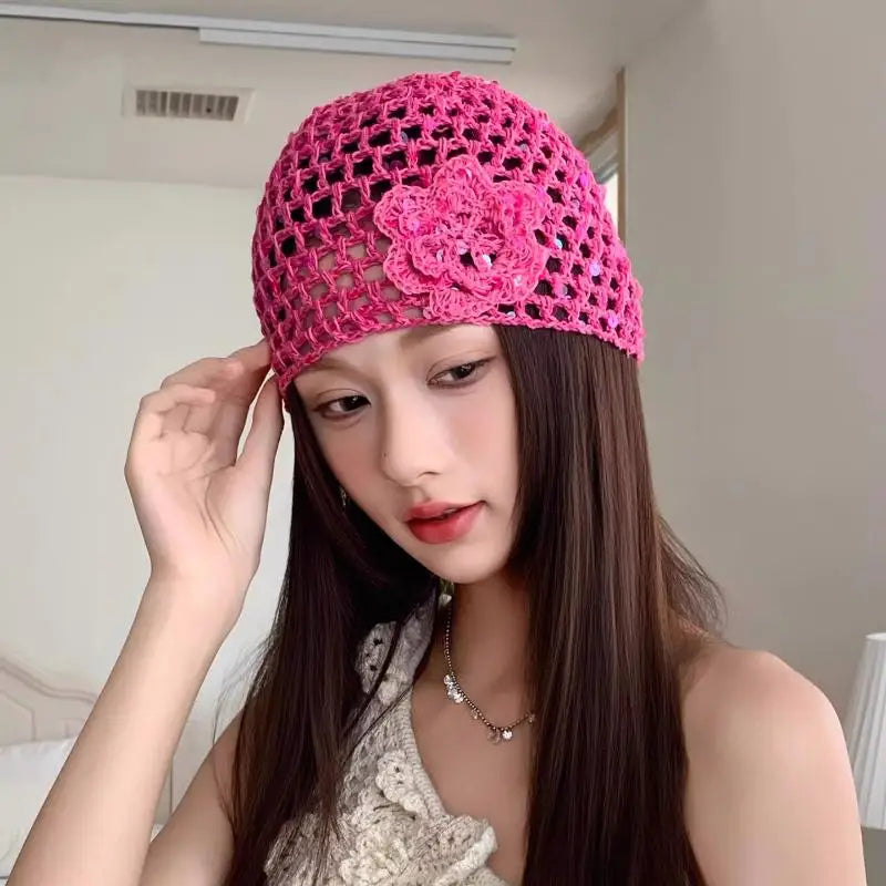 Vintage Chic Sequined Floral Cutout Beanie Ladies Spring Fall Leisure Travel Picturesque All-Around Casual Y2K Knit Beanies