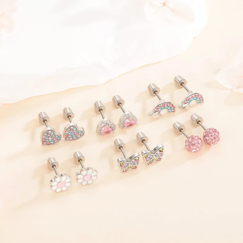 Six pairs of earrings, heart-shaped flowers, butterflies and rainbows, paired with shiny zircon stainless steel, are perfect for