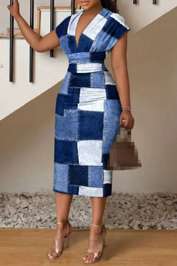 Dresses For Women Summer New V-neck Slim Hip-hugging Sexy Printed Women's Dress Office Mid-length Dress