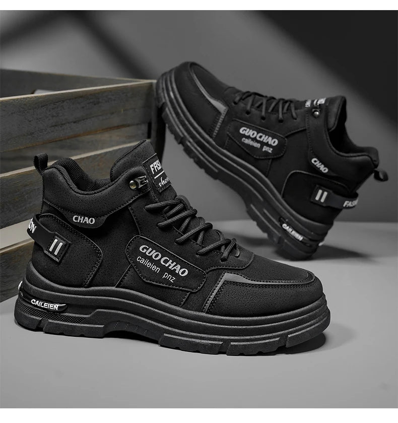 High Top Boots Four Season Outdoor Work Shoes Men's Anti Slip and Comfortable Black Boots Fashion British Casual Leather Boots