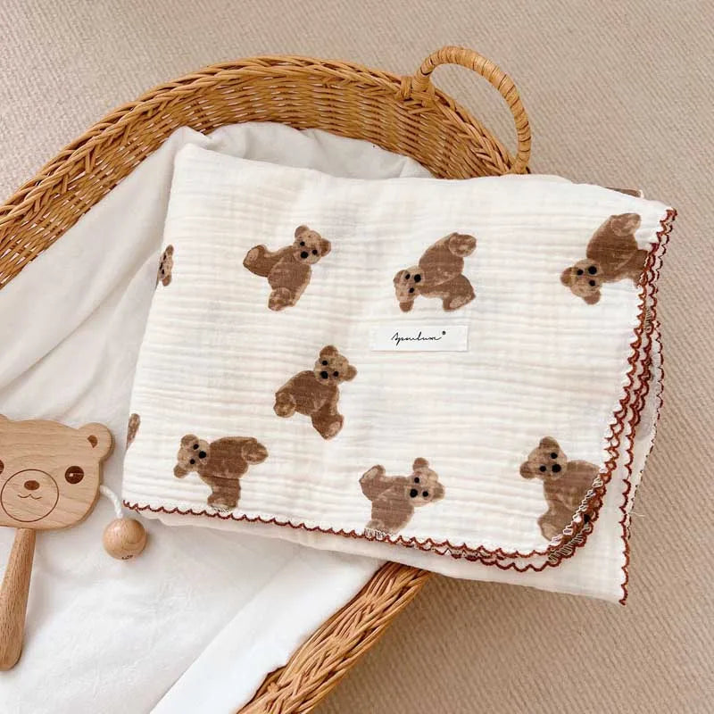 2-3 Layers Baby Blankets Bear Dots Print Cotton Gauze Muslin Swaddle Wrap Newborn Infant Bedding Sleeping Receving Blanket