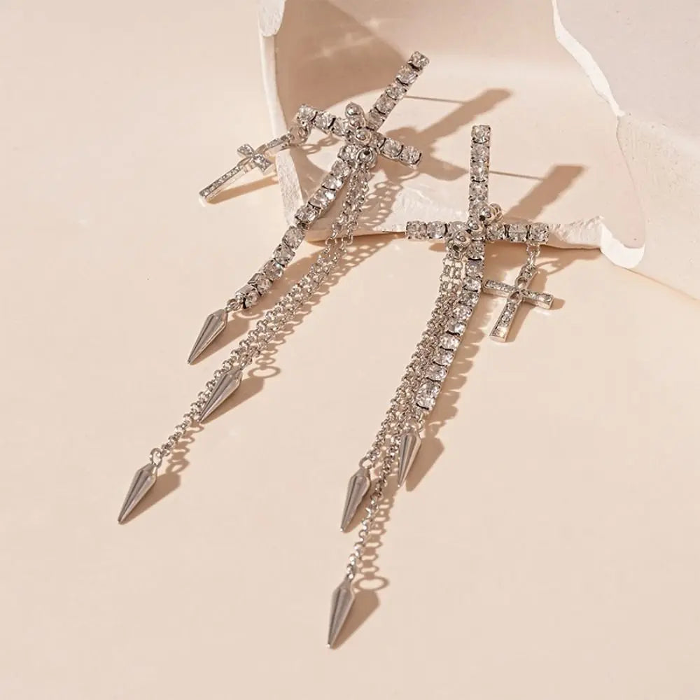 Inlaid Rhinestones Cross Earrings Exquisite Fashion Long Tassels Dangle Earrings Exaggerate Temperament Ear Stud Bridal