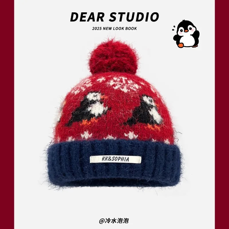 Cute Cartoon Jacquard Knitted Beanies for Women Winter Warm Ear Protection Versatile Show Face Small Retro Pom-pom Pullover Hat