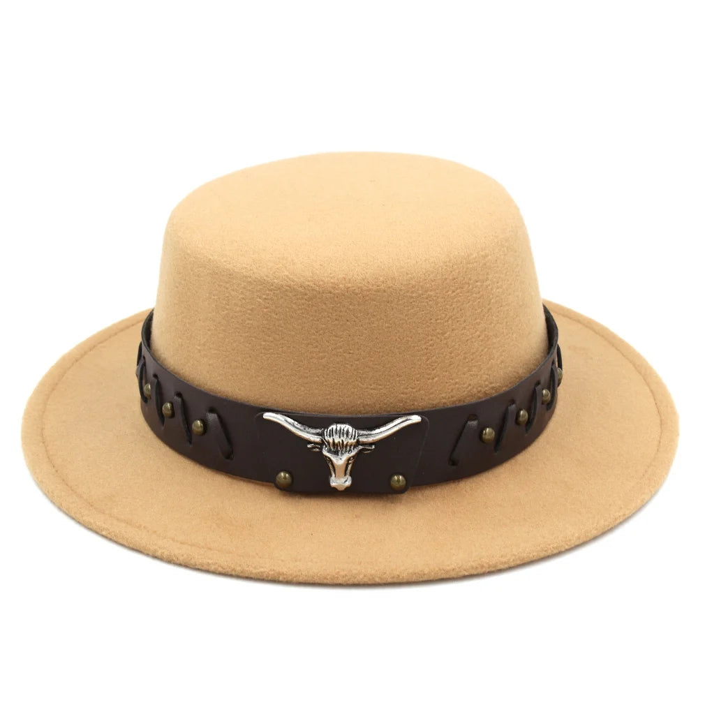 Women's Men's Flat Top Hat Boater Cap Bowler Sailor Wide Brim Fedora Hats with Western Tauren Leather Belt