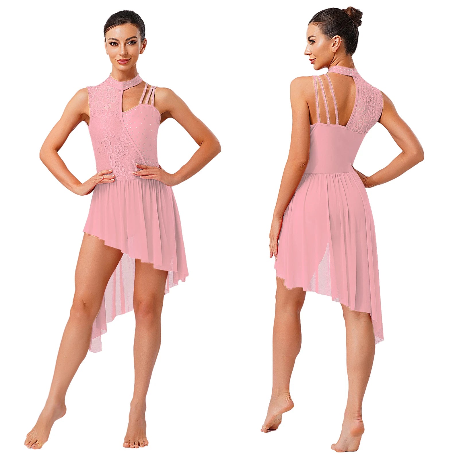 Women Modern Lyrical Dance Performance Costume Floral Lace Rhinestones Leotard Dress for Waltz Latin Cha-cha Ballet Skating