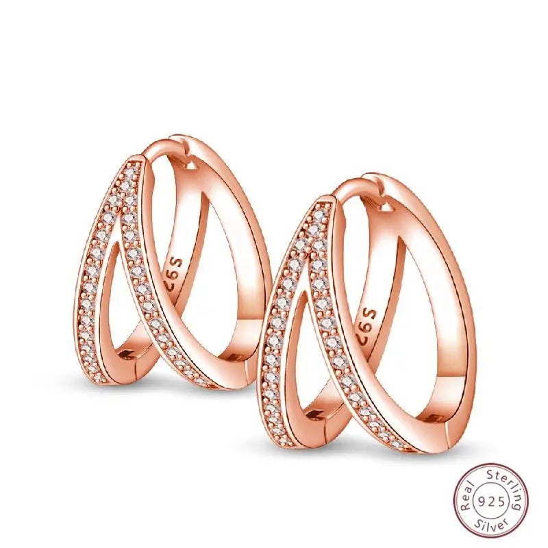 925 Sterling Silver Earrings Simple Twisted Round Rose Hoop Fashionable Zircon Ear Buckle Wedding Ladies Jewelry Gift