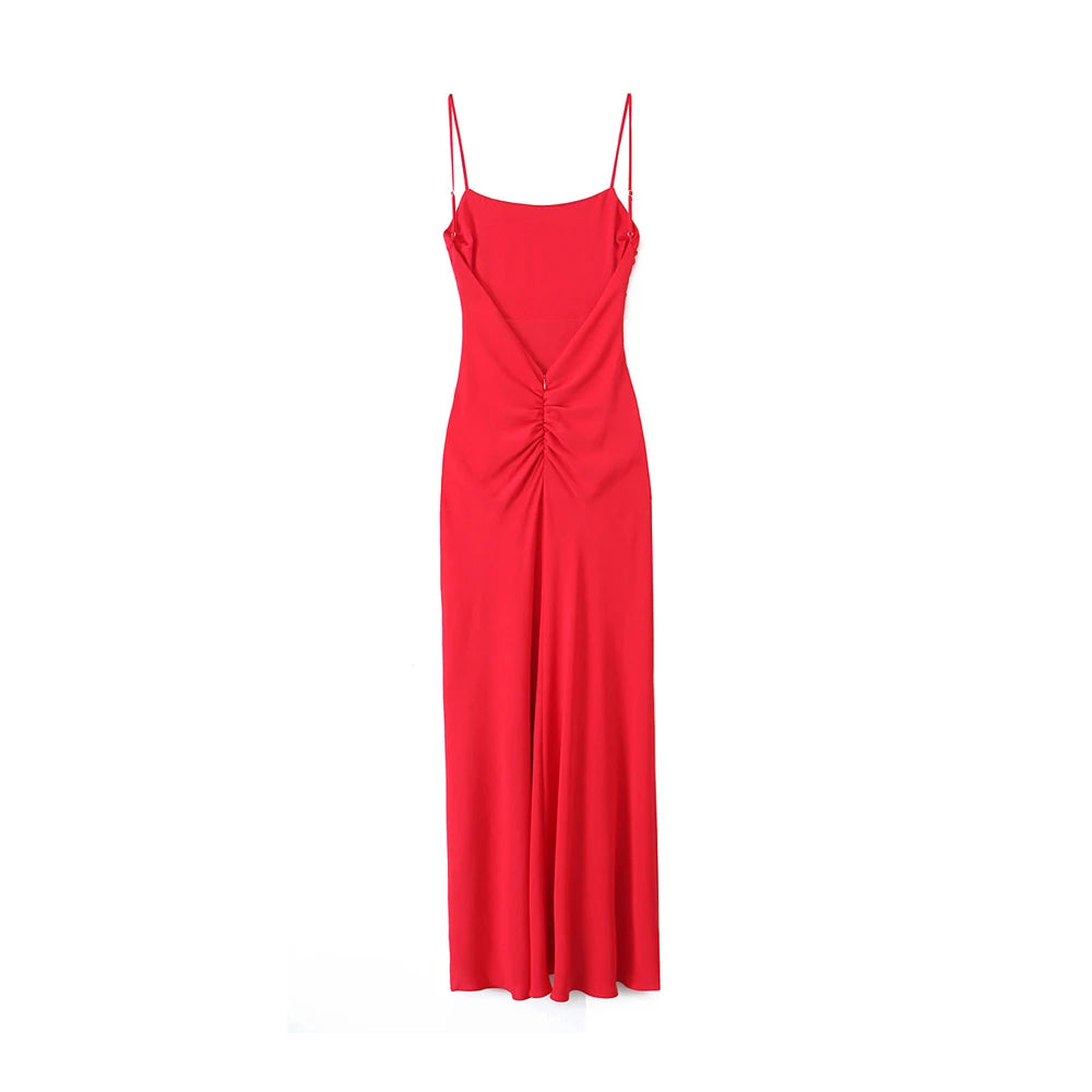 Draped Midi Dress for Women, Straight Neck, Thin Straps, Backless Female Dresses, Chic Fashion