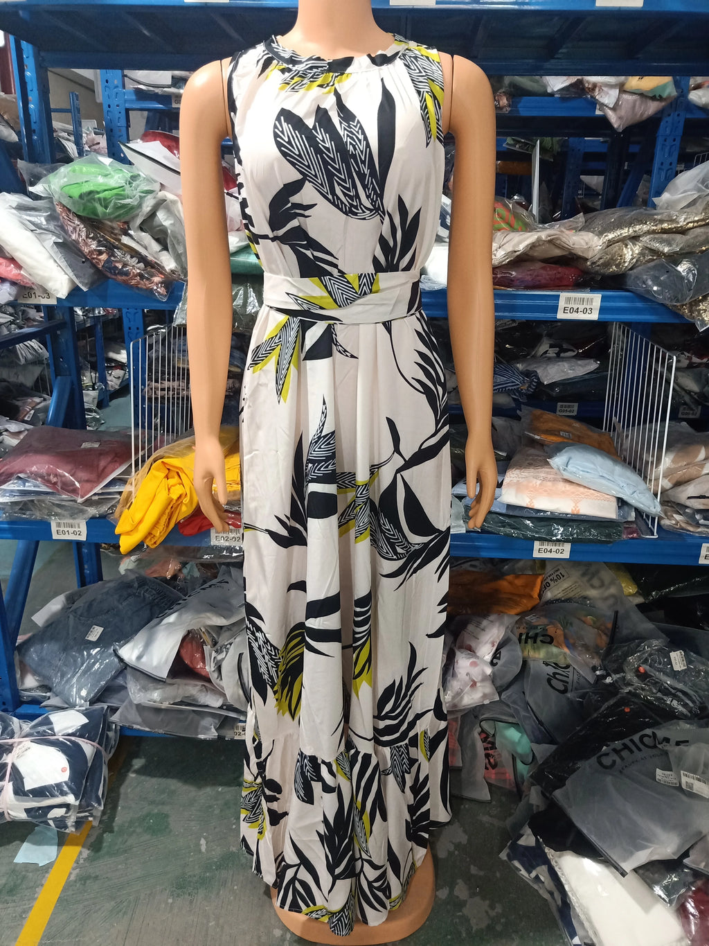 Dresses for Women 2023 Spring Fashion Leaf Print Sleeveless Casual O-Neck Maxi Daily Vacation Dress with Belt