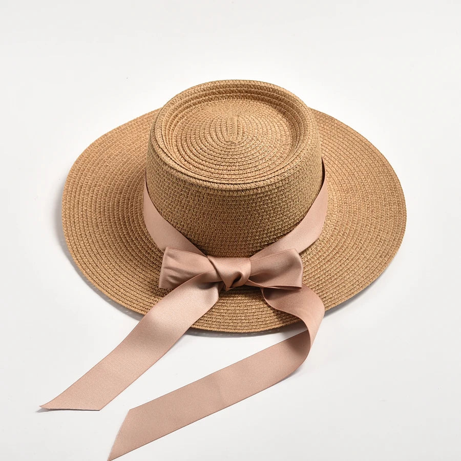 Hats for Women Flat Top Ribbon Bowknot Elegant Straw Sun Hats Summer Sun Protection Beach Hat Gorras Hombre