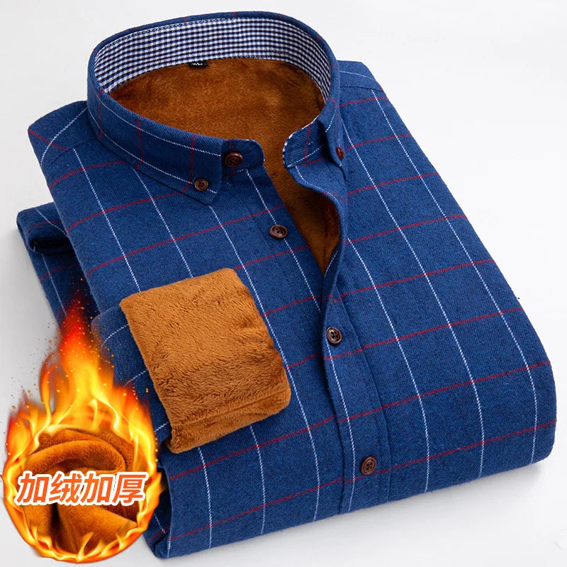 Longsleeve Shirts for Men 2025 Autumn Winter New Warm Plus Velvet Thick Cotton Lapel Casual Plaid Shirts Brand Mens Clothing