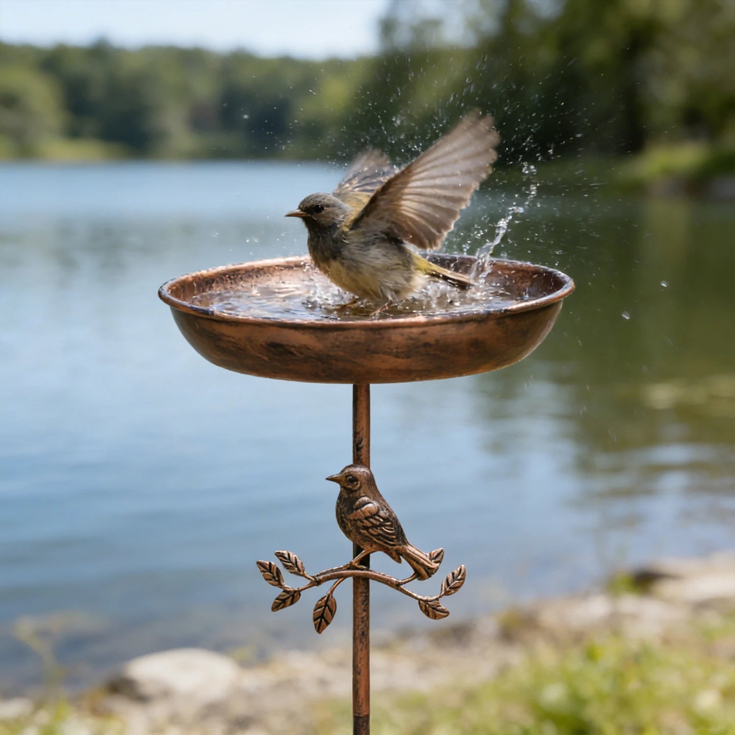 A wrought iron bird bath and feeder in one, featuring a rust-proof design and a stable 5-prong ground stake.  Perfect for garden