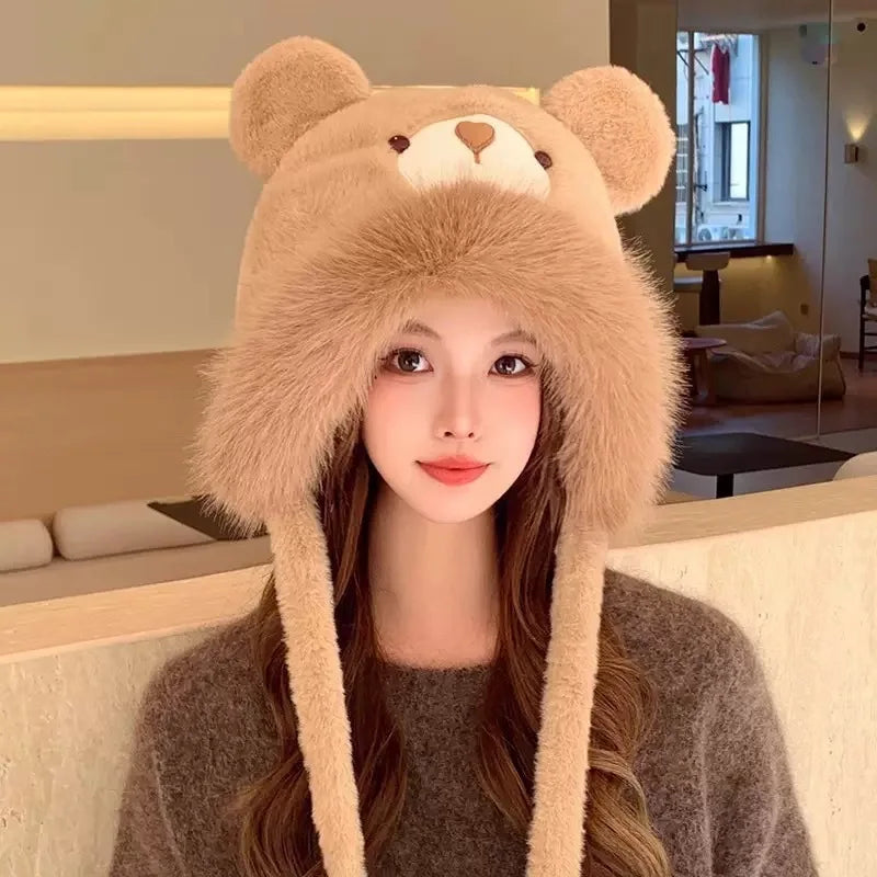 Cute Beanies Bear Ear Hat,Adorable Warm Plush Ear Protector Cap,Polyester Casual Elegant Knitted Head Caps for Autumn and Winter