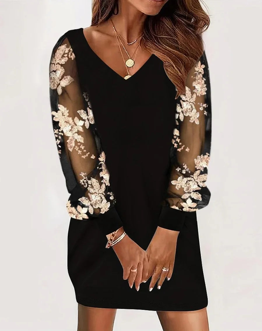 Dresses For Women 2024 Sexy V Neck Mesh Lace Sleeve Loose Dress Spring Autumn Casual Elegant Office Ladies Dress Robe Femme