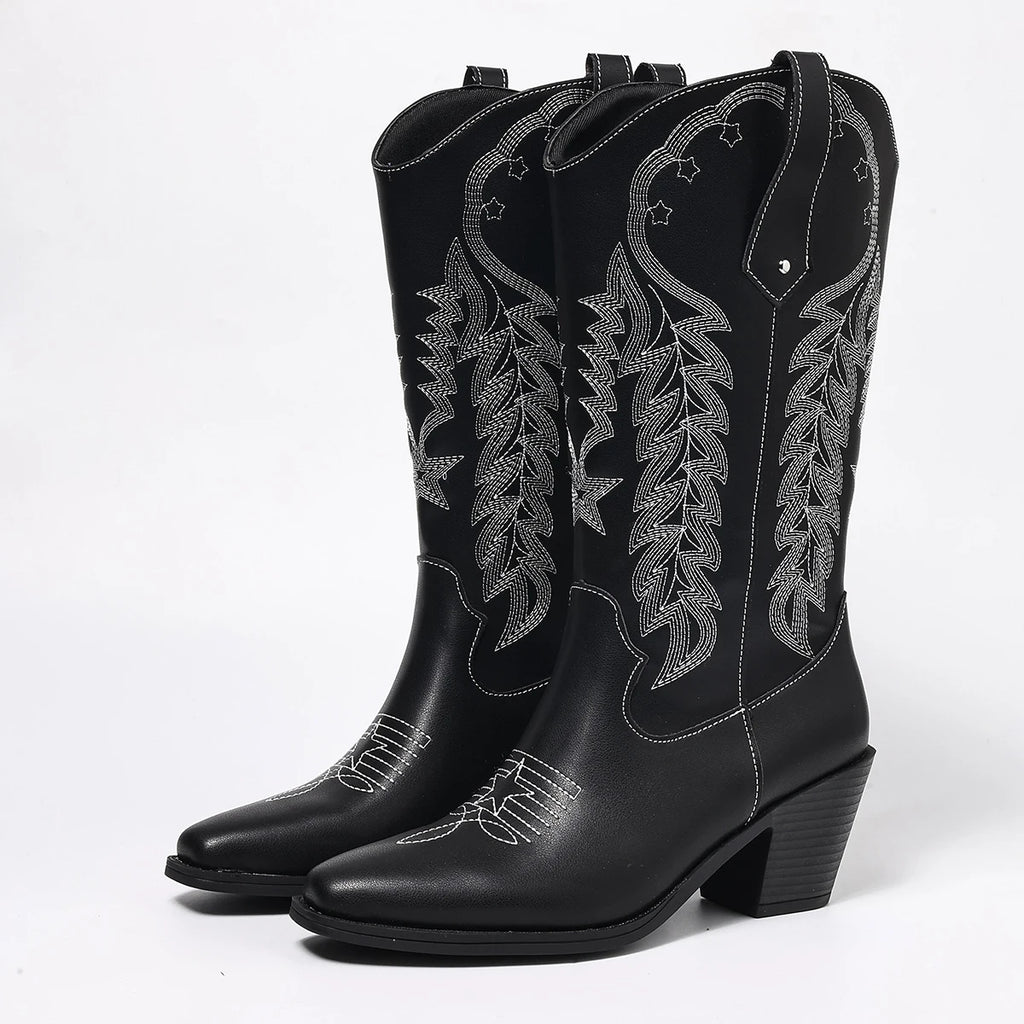 Black Embroidered Western Boots with Chunky Mid-Heel, Square Toe, Bohemian Style, European and American Style, Mid-Calf Boots, Versatile, Elegant, Suitable for Office, Commuting, Daily Wear, Vacation, Fashionable Women's Boot