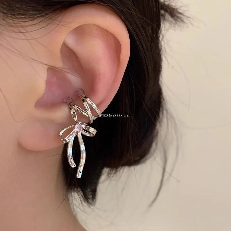 New Elegant Aesthetics Bow Knot Clip Earrings Women Non-Piercing Ear Clips Ballet Ribbon Style Ear Cuff Fashion Earrings Jewelry