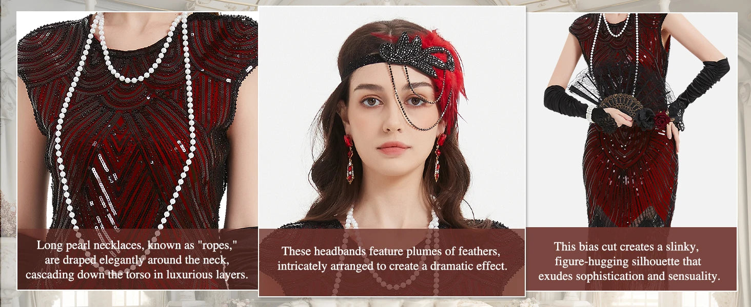 1920s Dresses for Women Flapper Dress Lace Fan Feather Headband Sequins Beads Fringes 20s Accessories Vintage Mafia Costume