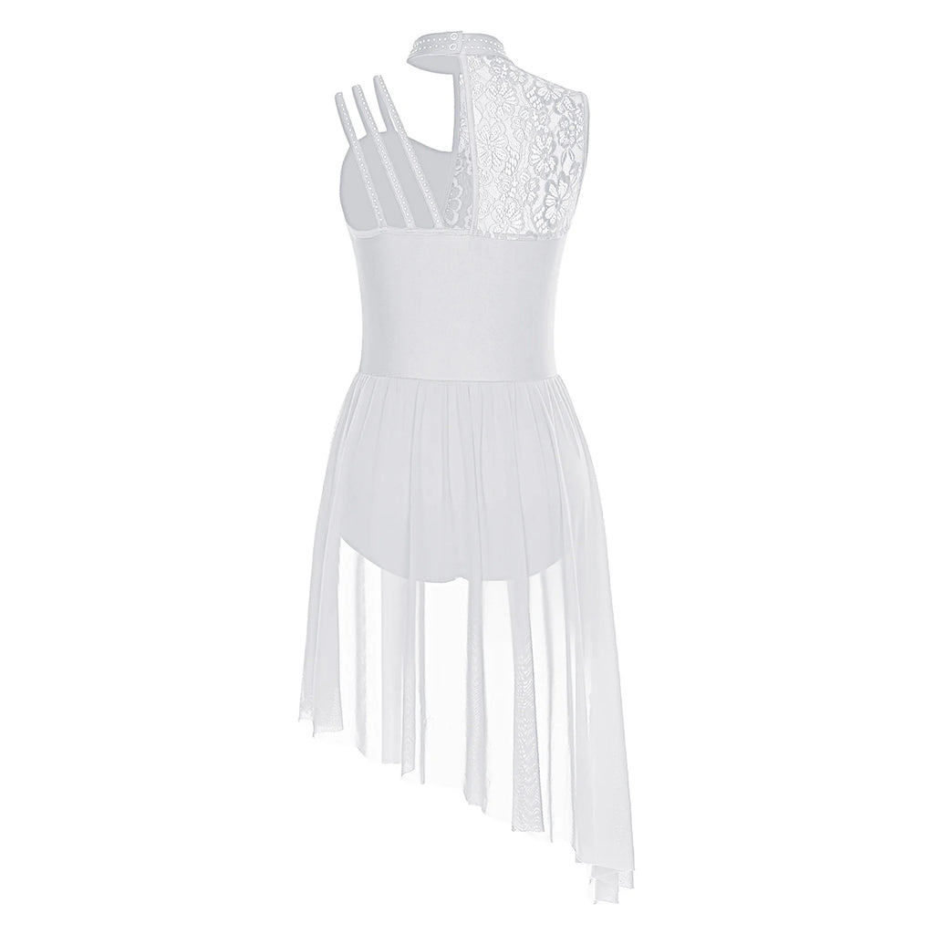 Women Modern Lyrical Dance Performance Costume Floral Lace Rhinestones Leotard Dress for Waltz Latin Cha-cha Ballet Skating