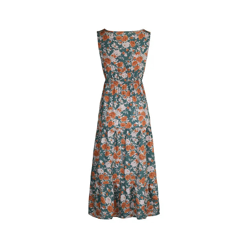 Elegant Floral Print Dress For Women Fashion  Bohemian Style Sleeveless Button Vestidos Female Casual V-neck A-line Dresses