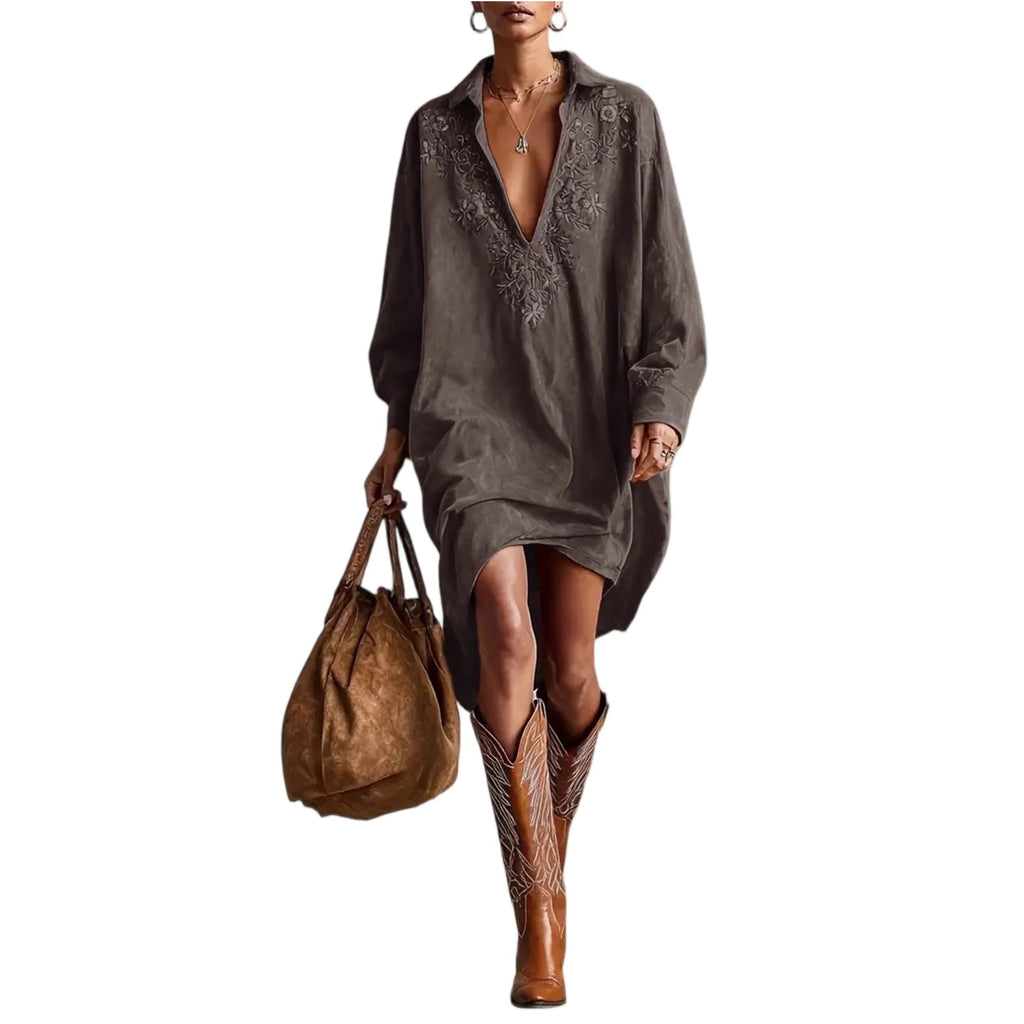 Dresses Womens Shirt Dress Terracotta Suede Embroidered High-Low Puff-Sleeve Bohemian Stylish Outfit Daily 2026 Trendy Vestido