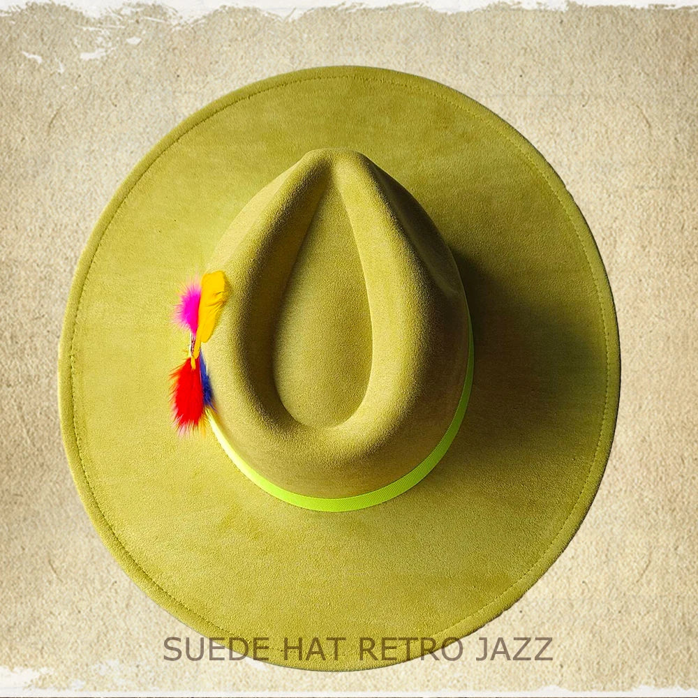 Retro Men's Suede Hats Wide Brim Feather Felt Fedoras Women's Hats Church Jazz Hats Panama Cowboy Hats Wholesale sombrero hombre