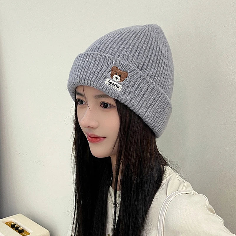 Bear Embroidery Knitted Beanies  Women Autumn Winter Warm Wool Hat Korean Girl Windproof Earmuffs Pullover Cap Bonnet〔CC55〕