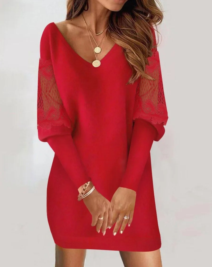 Dresses For Women 2024 Sexy V Neck Mesh Lace Sleeve Loose Dress Spring Autumn Casual Elegant Office Ladies Dress Robe Femme