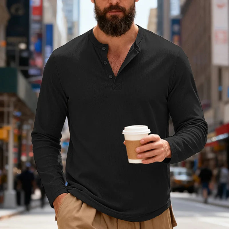 2025 NEW Men's Long Sleeve Henley Shirts Spring Autumn Daily Casual Solid Color Pullover Tops Mens Fashion T Shirt