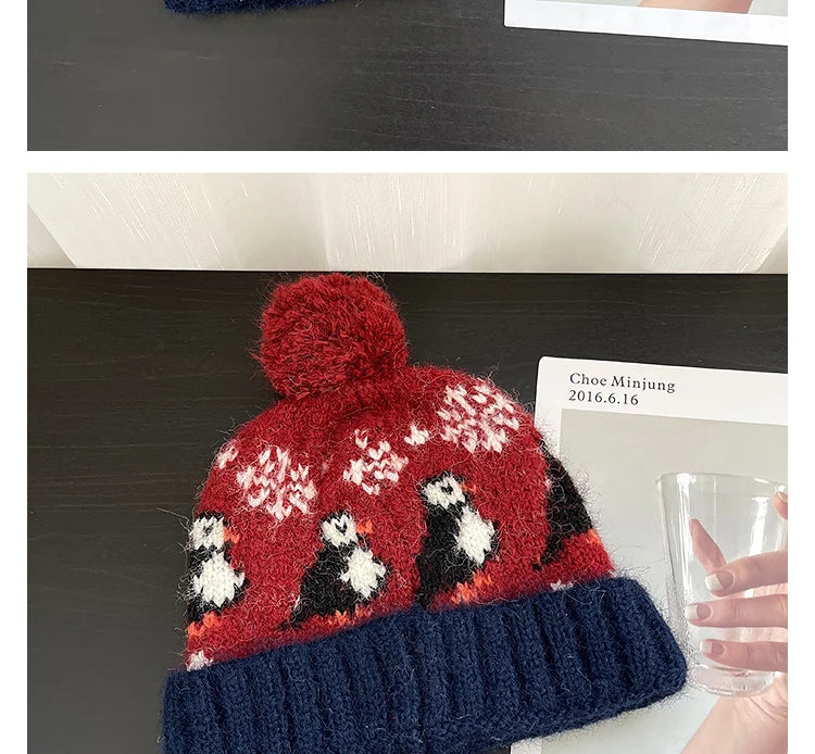 Cute Cartoon Jacquard Knitted Beanies for Women Winter Warm Ear Protection Versatile Show Face Small Retro Pom-pom Pullover Hat