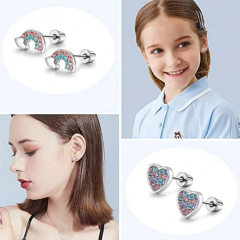 Six pairs of earrings, heart-shaped flowers, butterflies and rainbows, paired with shiny zircon stainless steel, are perfect for