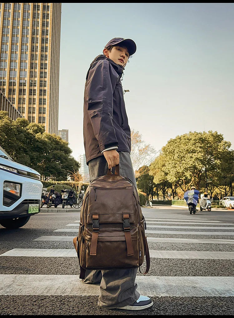 Men's Backpack Fashion Pu Leather Waterproof Man Laptop Bag Korean Backpacks Large School Bag Male Rucksack Student Pc Bagpack