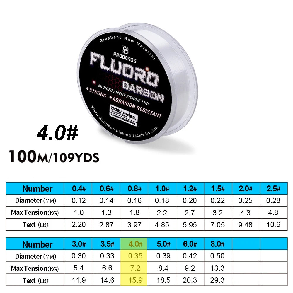 PROBEROS 100M Fluorocarbon Coating Fishing Line 2.2LB-29.3LB Carbon Fiber Monofilament Leader Line Carp Fishing Sinking Line