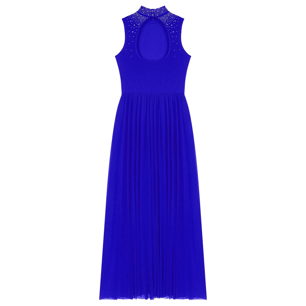 Womens Lyrical Dance Dresses Mock Neck Wide Hemline Shiny Rhinestones Maxi Dress Sleeveless Modern Contemporary Leotard Dresses