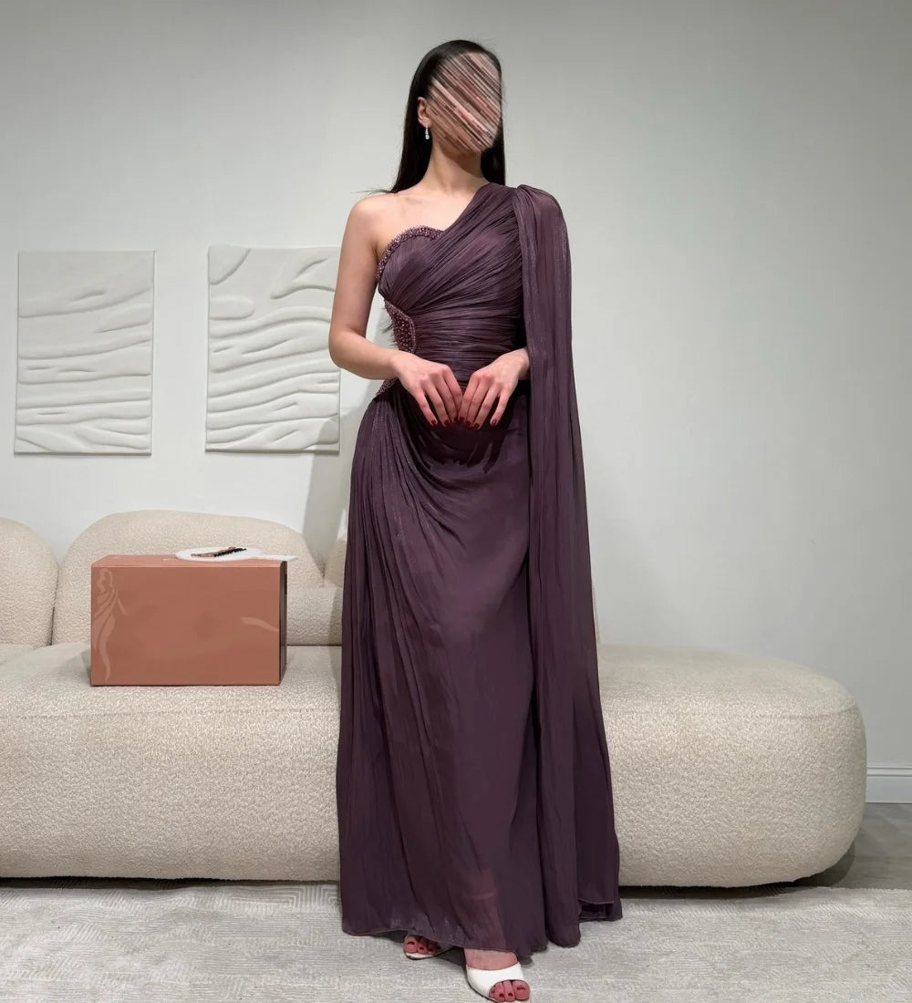 Customized Intricate Luxurious Chiffon Pleat Draped Beading Sequined A-line One-shoulder Long Dresses Evening Dresses Formal