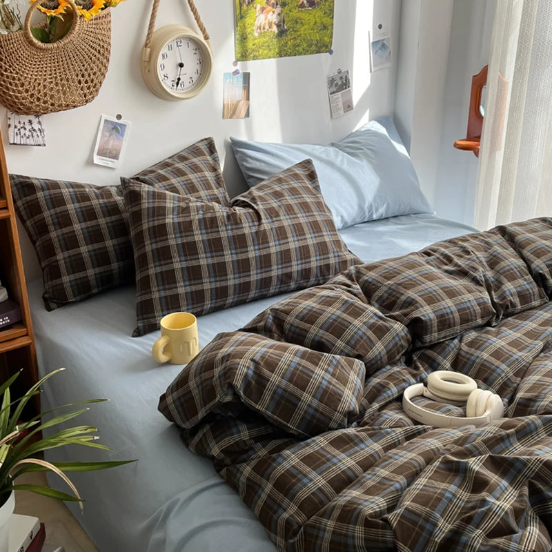 MissDeer Bedding Set Ins Ambiance Blue Coffee Grid Mixed With Washed Cotton Minimalist Four Piece Set Fitted Sheets Duvet Cover