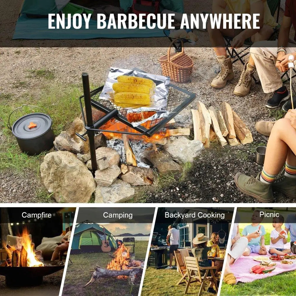 Swivel Campfire Grill Fire Pit Grill Grate Heavy Duty Steel Adjustable 360° Portable Outdoor BBQ Cooking Rack